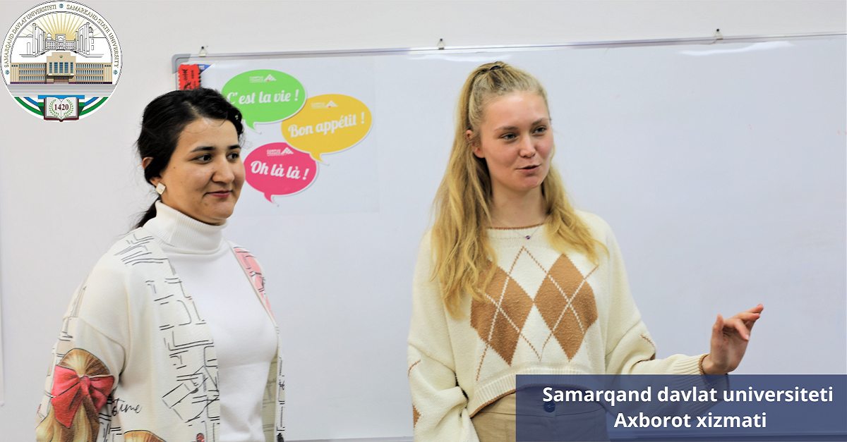 Магали Ламарт из Франции проводит занятия французского языка студентам Самаркандского государственного университета...